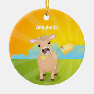Niedliche glückliche Jersey-Kuh und Blume Cartoon Keramik Ornament