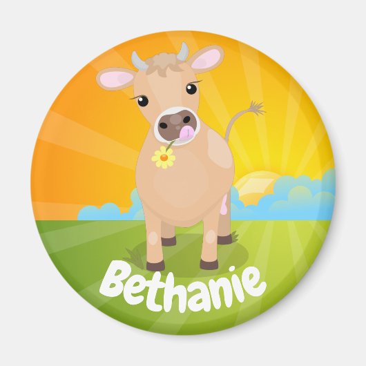 Niedliche glückliche Jersey-Kuh und Blume Cartoon Magnet (Vorne)