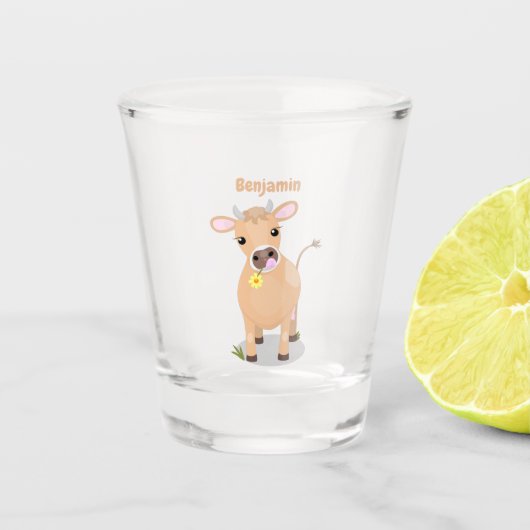 Niedliche glückliche Jersey-Kuh und Blume Cartoon Schnapsglas (Vorderseite)