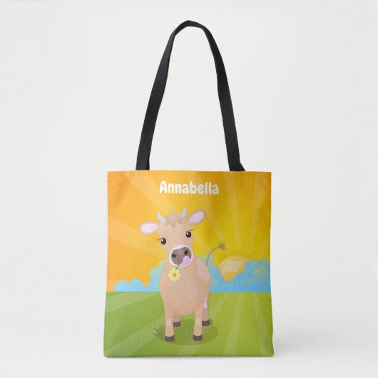 Niedliche glückliche Jersey-Kuh und Blume Cartoon Tasche (Vorderseite)