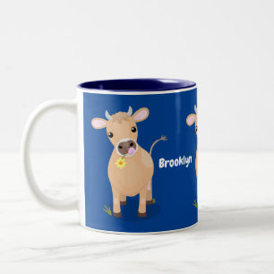 Niedliche glückliche Jersey-Kuh und Blume Cartoon Zweifarbige Tasse