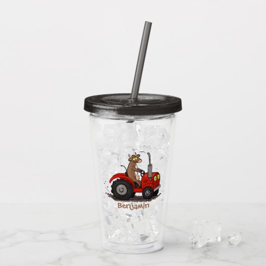 Niedliche glückliche Kuh, die einen roten Traktor- Acryltrinkbecher (Rückseite Ice)