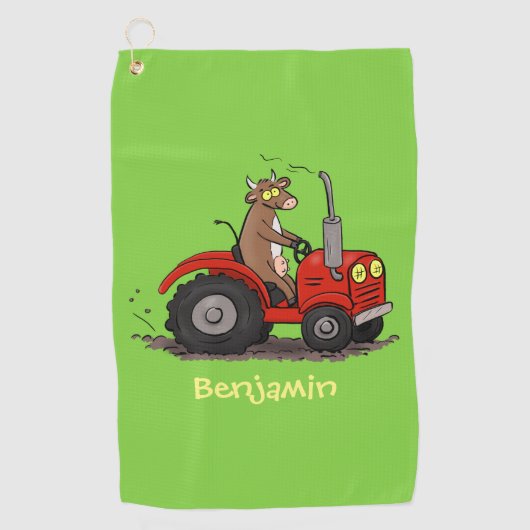 Niedliche glückliche Kuh, die einen roten Traktor- Golfhandtuch (Vorderseite)