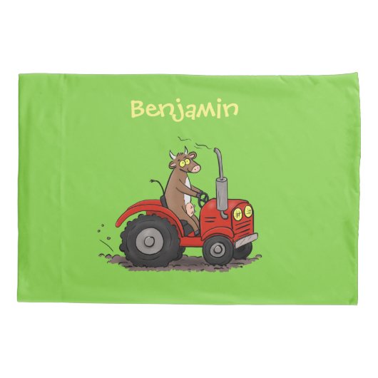 Niedliche glückliche Kuh, die einen roten Traktor- Kissenbezug (Rückseite)