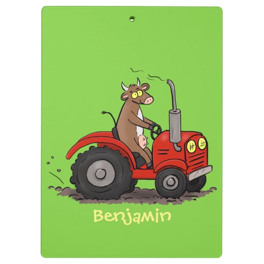 Niedliche glückliche Kuh, die einen roten Traktor- Klemmbrett (Rückseite)
