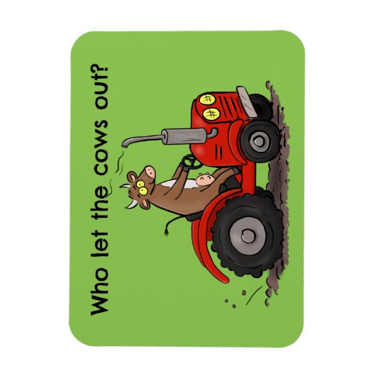 Niedliche glückliche Kuh, die einen roten Traktor- Magnet (Vertikal)