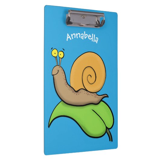 Niedliche, glückliche Schnecke auf einer Cartoon-I Klemmbrett (Rechts)