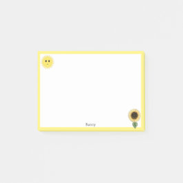 Niedliche glückliche Sonne, Sonnenblume und gelber Post-it Klebezettel