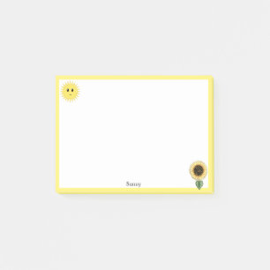 Niedliche glückliche Sonne, Sonnenblume und gelber Post-it Klebezettel
