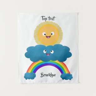 Niedliche glückliche Sonne Wolken Regenbogen Carto Wandteppich