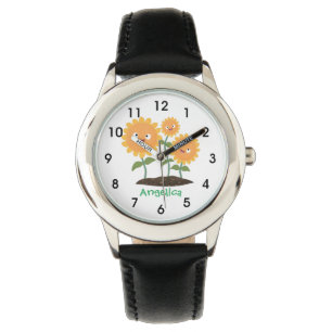 Niedliche glückliche Sonnenblumen lächelnd Cartoon Armbanduhr