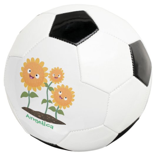 Niedliche glückliche Sonnenblumen lächelnd Cartoon Fußball (Dreiviertel)