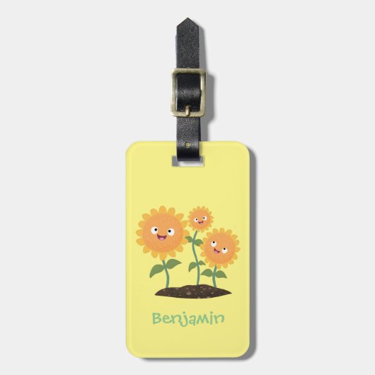 Niedliche glückliche Sonnenblumen lächelnd Cartoon Gepäckanhänger (Vorderseite vertikal)