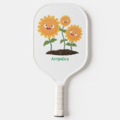 Niedliche glückliche Sonnenblumen lächelnd Cartoon Pickleball Schläger (Rückseite)