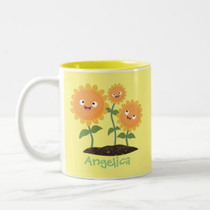 Niedliche glückliche Sonnenblumen lächelnd Cartoon Zweifarbige Tasse