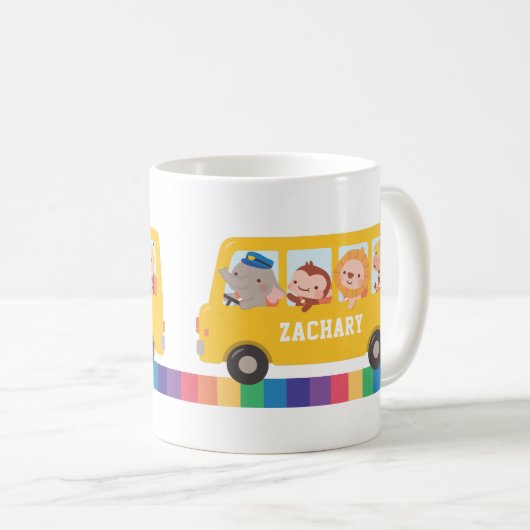 Niedliche glückliche Tiere und gelbe Schulbuskinde Kaffeetasse (VorderseiteRechts)