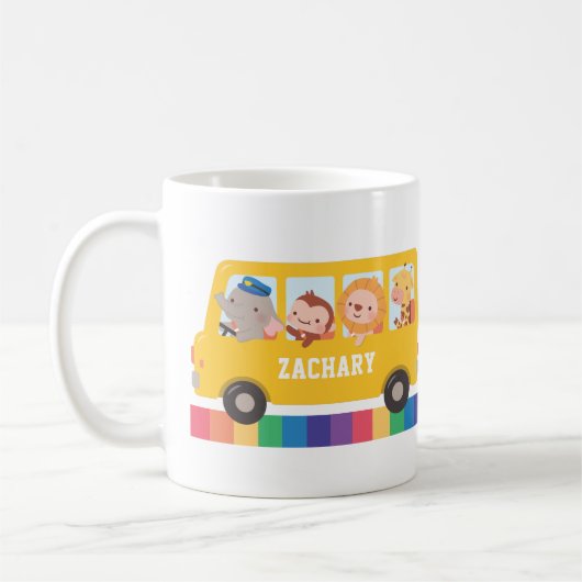 Niedliche glückliche Tiere und gelbe Schulbuskinde Kaffeetasse (Links)