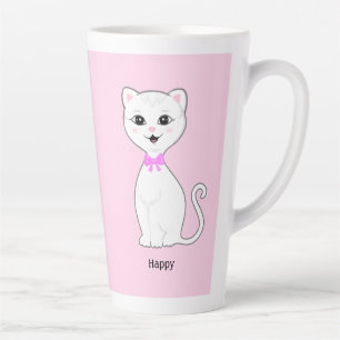 Niedliche glückliche weiße Katze auf hellrosa Milchtasse
