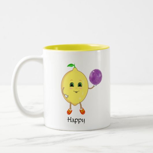 Niedliche glückliche Zitrone und Kalligraphie Zweifarbige Tasse (Links)