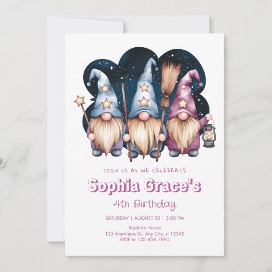 Niedliche Gnome-Freunde in Mitternacht Einladung (Vorderseite)