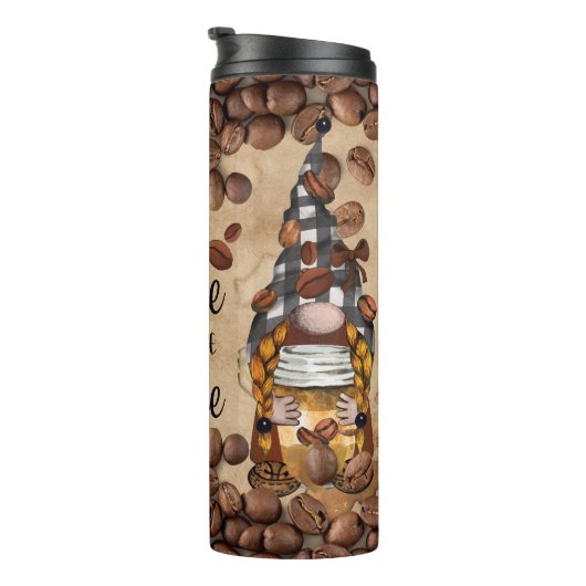 Niedliche Gnome genießen Kaffee rustikale Kaffeebo Thermosbecher (Nach rechts gedreht)