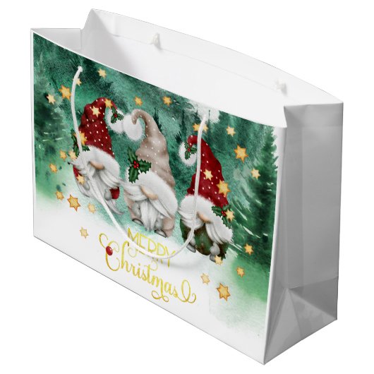 Niedliche Gnomes Forest Stars Frohe Weihnachten Große Geschenktüte (Rückseite Schrägansicht)