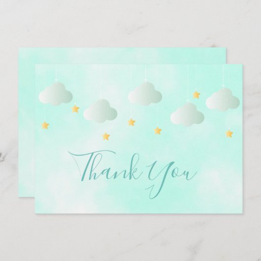 Niedliche Gold Stars Green Clouds Script Vielen Da Dankeskarte (Vorne/Hinten)
