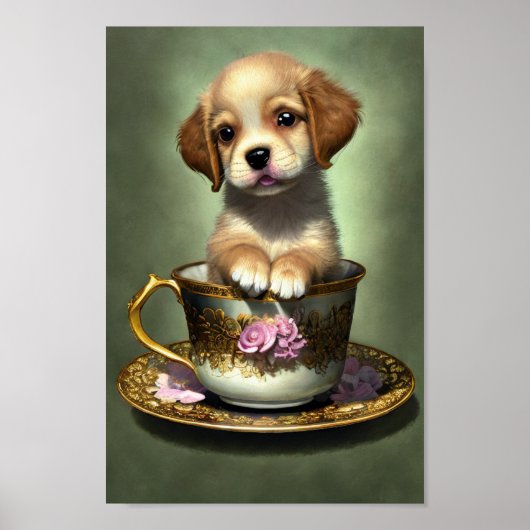 Niedliche Golden Retriever Welpe im Teacup Poster (Vorne)