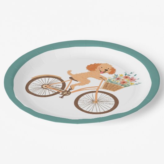 Niedliche Goldendoodle Dog Biking Spring Blumen Pappteller (Schrägansicht)
