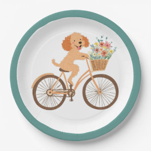 Niedliche Goldendoodle Dog Biking Spring Blumen Pappteller