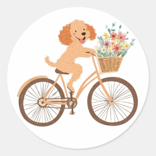 Niedliche Goldendoodle Dog Biking Spring Blumen Runder Aufkleber (Vorderseite)