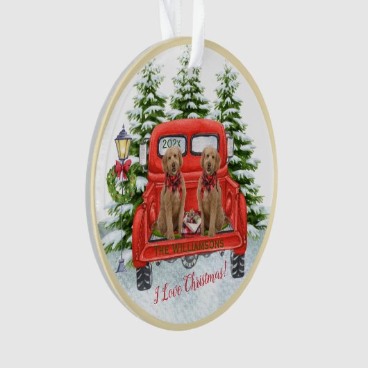 Niedliche Goldendoodle Vintager Rotlastwagen Ornament (Vorderseite)