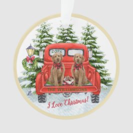Niedliche Goldendoodle Vintager Rotlastwagen Ornament