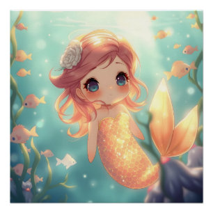 Niedliche goldene Meerjungfrau in der Unterwasserw Poster
