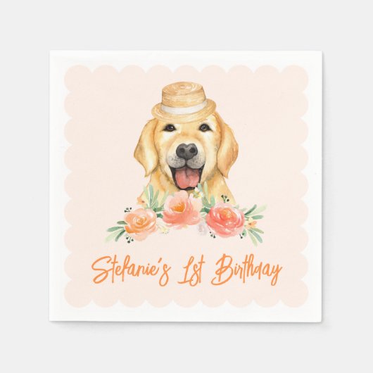 Niedliche Goldene Retriever und Peach-Blume Geburt Serviette (Vorderseite)