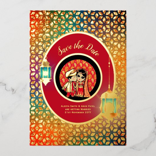 Niedliche GOLDFOLIE Rette indischer PUTTER Datum F Folieneinladung (Vorderseite)