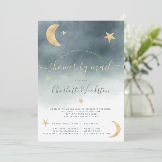 Niedliche Goldmedaille Sterne Blaue Babydusche per Einladung (Stehend Vorderseite)