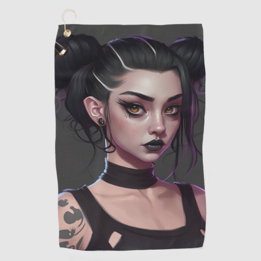 Niedliche Goth Girl mit Buns und Tattoos Golfhandtuch (Vorderseite)
