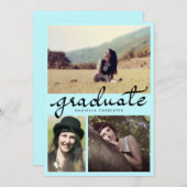 Niedliche Graduiertenkalligrafie Drei Foto Blau Einladung (Vorne/Hinten)