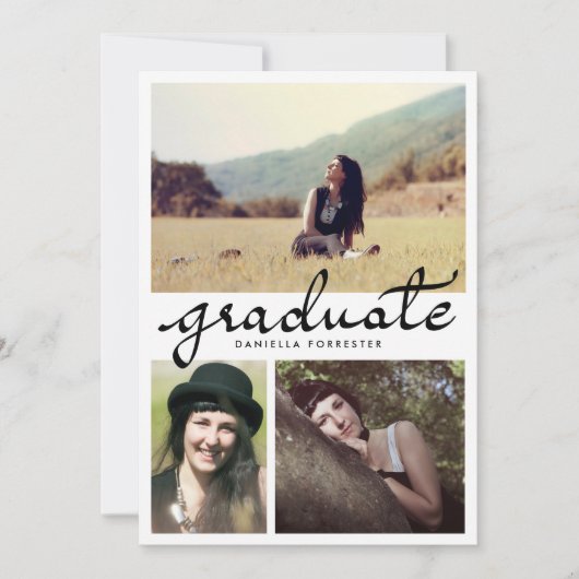 Niedliche Graduiertenkalligraphie Drei Foto Einladung (Vorderseite)