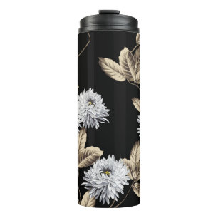 niedliche graue Blume mit braunem Blattmuster auf Thermosbecher