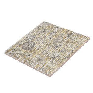 Niedliche Graue Blütendoodles Gold Streifen Desig Fliese