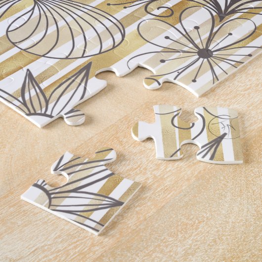Niedliche Graue Blütendoodles Gold Streifen Design Puzzle (Seite)