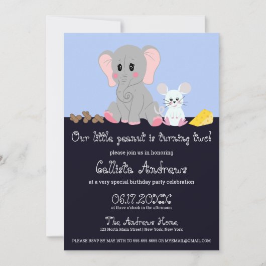 Niedliche graue Elephant Mouse Peanut Geburtstag Einladung (Vorderseite)