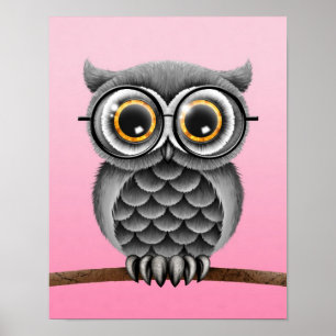Niedliche, graue Eule mit Brille, rosa Poster