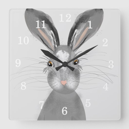 Niedliche graue Hare Whimsy-Illustration Quadratische Wanduhr (Vorderseite)
