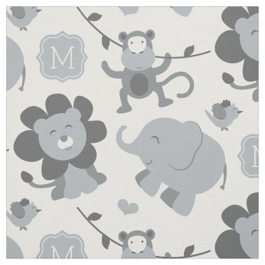 Niedliche Graue Jungle Tiere Custom Monogram Stoff (Muster)