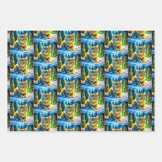 Niedliche graue Kätzchen im Schnee Weihnachten Geschenkpapier Set (Vorderseite)