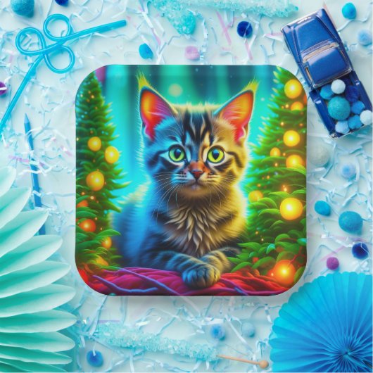 Niedliche graue Kätzchen mit Weihnachtsbäumen Pappteller (Party)