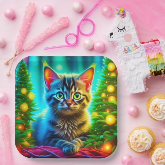 Niedliche graue Kätzchen mit Weihnachtsbäumen Pappteller (Party)